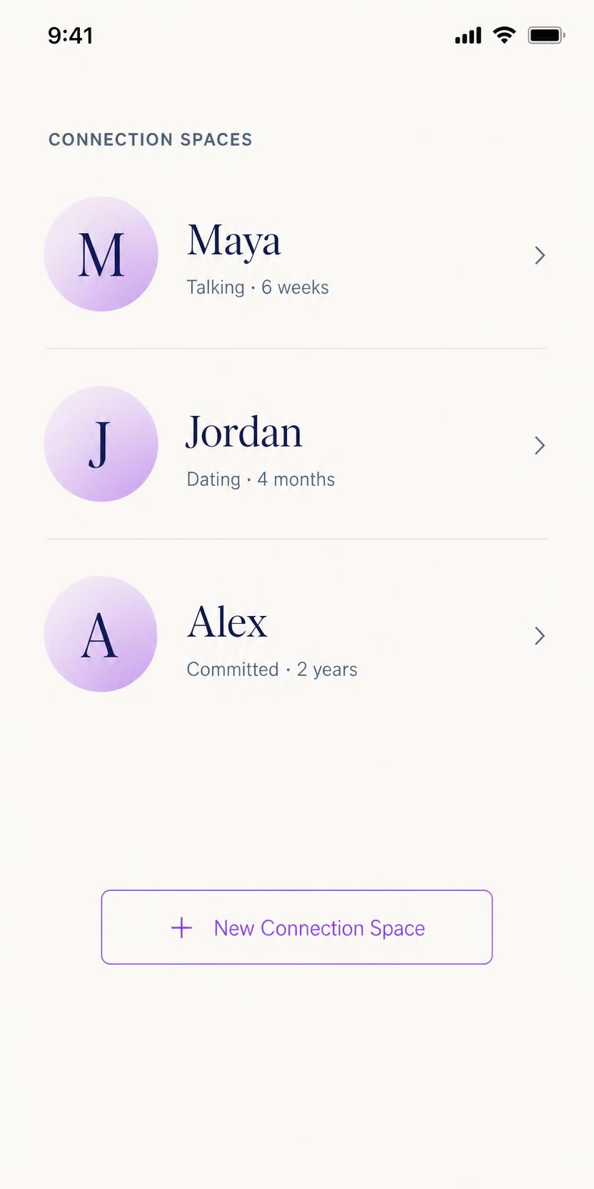 Kairo Connection Spaces screen showing three separate relationship workspaces